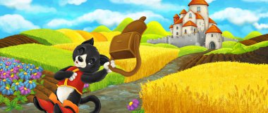 Karikatür sahnesi - çiftlik çiftliği yakınındaki tepede kaleye seyahat kedi - çocuklar için illüstrasyon