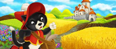 Karikatür sahnesi - kedi genç erkek çiftçi ile tepede kaleye seyahat - çocuklar için illüstrasyon