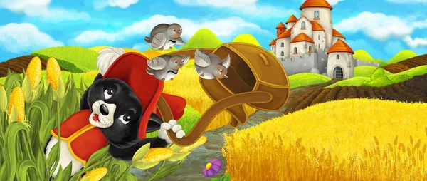 Cartoon scene - cat traveling to the castle on the hill near the farm ranch and catching birds - illustration for children