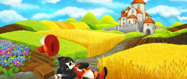 Cartoon scene - cat traveling to the castle on the hill near the farm ranch - illustration for children