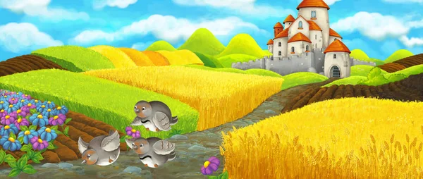 Cartoon scene - flying birds near the castle on the hill - illustration for children — Stock Photo, Image