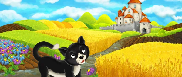 Tecknad scen-katt som reser till slottet på kullen med ung pojke bonde-illustration för barn — Stockfoto