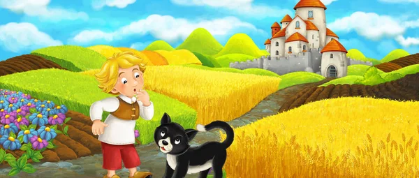 Kreslená scéna-kočka, která cestuje do hradu na kopci s mladým farmářem-ilustrace pro děti — Stock fotografie