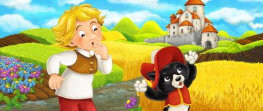 Karikatür sahnesi - kedi genç erkek çiftçi ile tepede kaleye seyahat - çocuklar için illüstrasyon