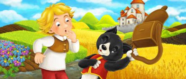 Karikatür sahnesi - kedi genç erkek çiftçi ile tepede kaleye seyahat - çocuklar için illüstrasyon