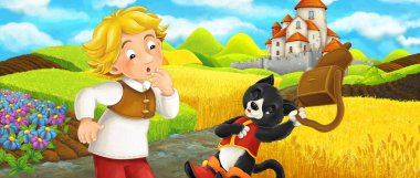 Karikatür sahnesi - kedi genç erkek çiftçi ile tepede kaleye seyahat - çocuklar için illüstrasyon