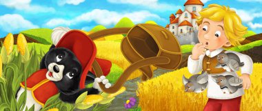 Karikatür sahnesi - kedi genç erkek çiftçi ile tepede kaleye seyahat - çocuklar için illüstrasyon