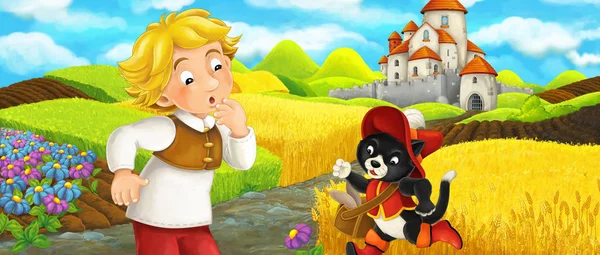 卡通场景 - 猫旅行到山上的城堡与年轻的男孩农民 - 插图为儿童 — 图库照片