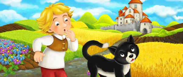 Cartoon scene - cat traveling to the castle on the hill with young boy farmer - illustration for children — Stock Photo, Image