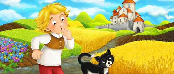 Cartoon scene - cat traveling to the castle on the hill with young boy farmer - illustration for children — Stock Photo, Image