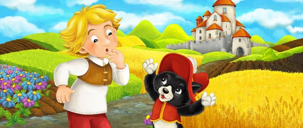 Мультфильм сцена - кот едет в замок на холме с маленьким мальчиком фермером - иллюстрация для детей — стоковое фото