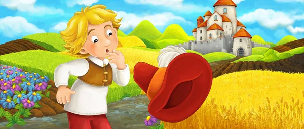 Escena de dibujos animados - joven granjero que viaja al castillo en la colina viendo la gorra de vuelo - ilustración para niños —  Fotos de Stock