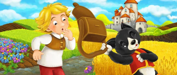 Zeichentrickszene - Katze fährt mit Bauernknabe auf die Burg auf dem Hügel - Illustration für Kinder — Stockfoto