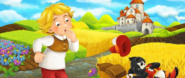 Cartoon scene - cat traveling to the castle on the hill with young boy farmer - illustration for children — Stock Photo, Image