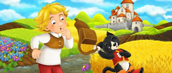 만화 장면 - 어린 소년 농부와 함께 언덕에 성으로 여행 하는 고양이 - 어린이를위한 그림 — 스톡 사진