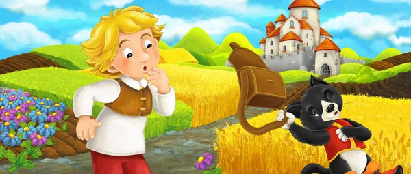 Cena dos desenhos animados - gato viajando para o castelo na colina com o jovem agricultor - ilustração para crianças — Fotografia de Stock