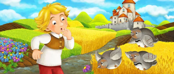 Cartoon scene - young farmer traveling to the castle on the hill seeing flying birds - illustration for children — Stock Photo, Image