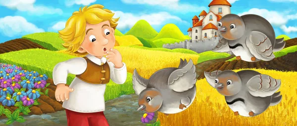 Kreslená scéna-mladý farmář, který cestuje do hradu na kopci a vidí létající ptáky-ilustrace pro děti — Stock fotografie