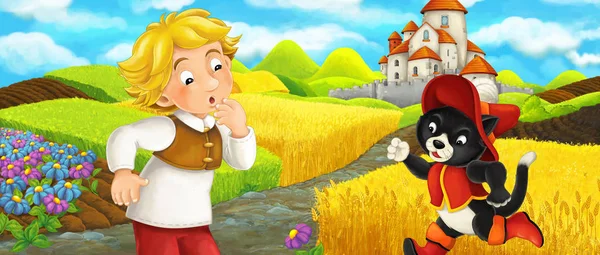 कार्टून दृश्य - बिल्ली युवा लड़के किसान के साथ पहाड़ी पर महल की यात्रा - बच्चों के लिए चित्रण — स्टॉक फ़ोटो, इमेज