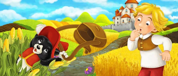 Scena dei cartoni animati - gatto che viaggia al castello sulla collina con un giovane agricoltore - illustrazione per bambini — Foto Stock