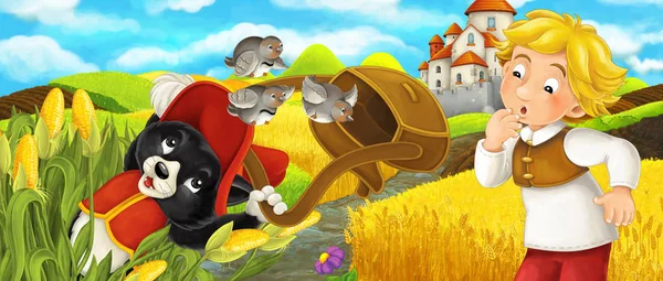 Karikatúra jelenet-macska utazik a várba a dombon a fiatal fiú gazda-illusztráció gyerekeknek — Stock Fotó
