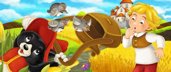 Zeichentrickszene - Katze fährt mit Bauernknabe auf die Burg auf dem Hügel - Illustration für Kinder — Stockfoto