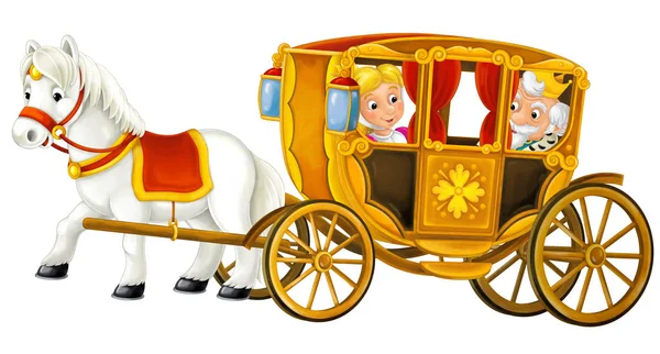 Cartoon-Kutsche mit König und Königin - Transport isoliert auf weißem Hintergrund Illustration für Kinder — Stockfoto