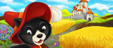 Karikatür sahnesi - çiftlik çiftliği yakınındaki tepede kaleye seyahat kedi - çocuklar için illüstrasyon