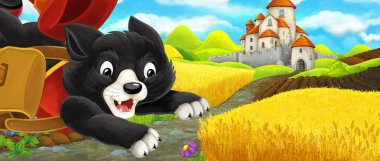 Karikatür sahnesi - çiftlik çiftliği yakınındaki tepede kaleye seyahat kedi - çocuklar için illüstrasyon