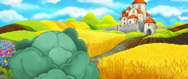 Мультяшна сцена біля замку на пагорбі біля ферми ранчо - ілюстрація для дітей — стокове фото