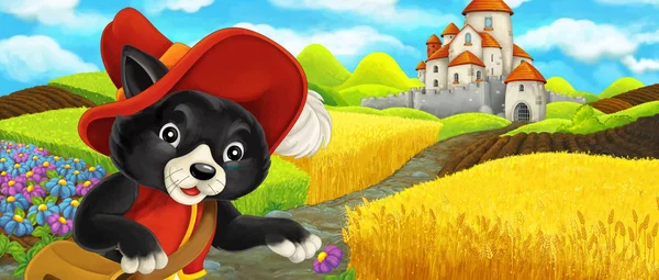Escena de dibujos animados - gato viajando al castillo en la colina cerca del rancho de la granja - ilustración para los niños —  Fotos de Stock