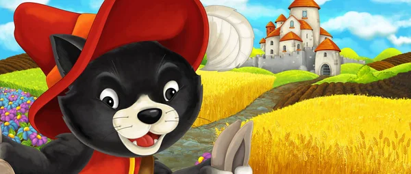 Cartoon scene-kat reizen naar het kasteel op de heuvel in de buurt van de boerderij Ranch-illustratie voor kinderen — Stockfoto