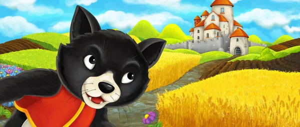 Cartoon-Szene - Katze auf dem Weg zur Burg auf dem Hügel in der Nähe der Farm Ranch - Illustration für Kinder — Stockfoto