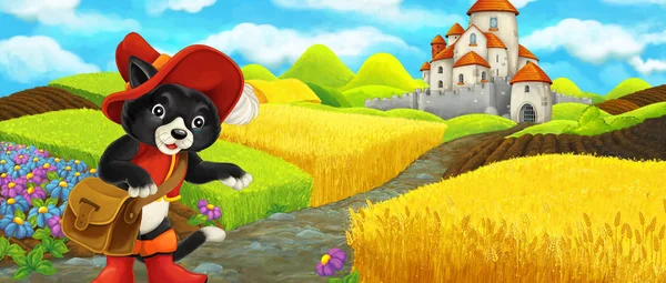 Cartoon-Szene - Katze auf dem Weg zur Burg auf dem Hügel in der Nähe der Farm Ranch - Illustration für Kinder — Stockfoto