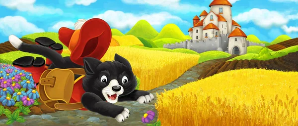 Cartoon scene - cat traveling to the castle on the hill near the farm ranch - illustration for children — Stock Photo, Image