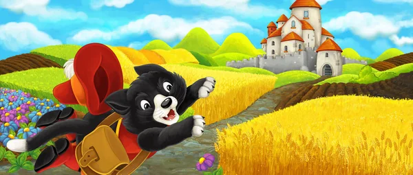 Мультфильм-сцена - кот едет в замок на холме рядом с фермерским ранчо - иллюстрация для детей — стоковое фото