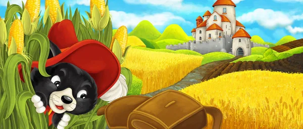 Kreslená scéna-kočka, která cestuje do hradu na kopci nedaleko farmářské ranče-ilustrace pro děti — Stock fotografie