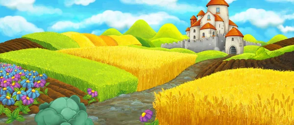 Мультфильм сцена возле замка на холме рядом с фермерским ранчо - иллюстрация для детей — стоковое фото