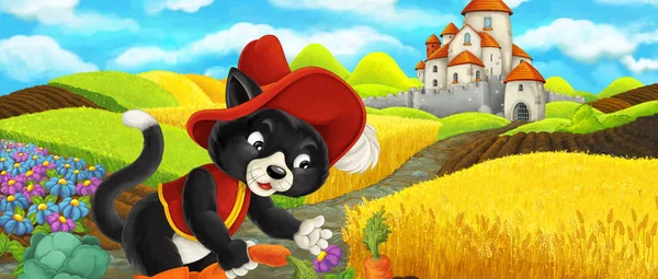 Cartoon-Szene - Katze auf dem Weg zur Burg auf dem Hügel in der Nähe der Farm Ranch - Illustration für Kinder — Stockfoto