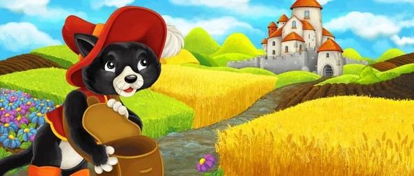 Scena kreskówki-kot podróżuje do zamku na wzgórzu w pobliżu gospodarstwa ranczo-ilustracja dla dzieci — Zdjęcie stockowe