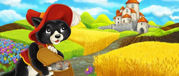 Kreslená scéna-kočka, která cestuje do hradu na kopci nedaleko farmářské ranče-ilustrace pro dětské scény-kočka, která cestuje do hradu na kopci nedaleko farmářské ranče-ilustrace pro ch — Stock fotografie