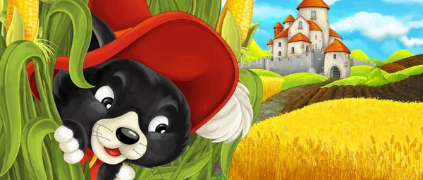 Scena dei cartoni animati - gatto che si reca al castello sulla collina vicino al ranch della fattoria - illustrazione per bambini — Foto Stock