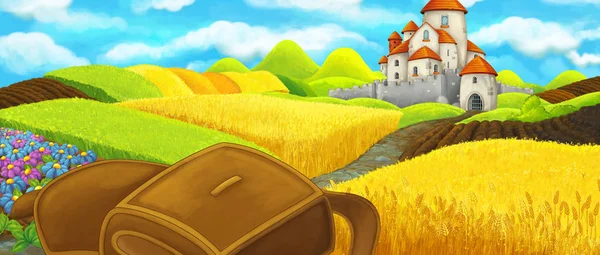 Мультяшна сцена біля замку на пагорбі біля ферми ранчо - ілюстрація для дітей — стокове фото