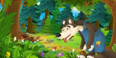 Ormanda çayırda kurt ile Karikatür peri masalı sahnesi - çocuklar için illüstrasyon