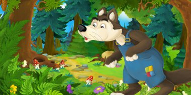 Ormanda çayırda kurt ile Karikatür peri masalı sahnesi - çocuklar için illüstrasyon