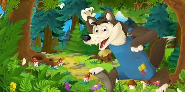 Cartoon fairy tale scene with wolf on the meadow in the forest - illustration for children — Stock Photo, Image