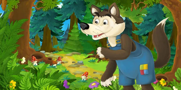 Cartoon bajki sceny z wilkiem na łące w lesie-ilustracja dla dzieci — Zdjęcie stockowe