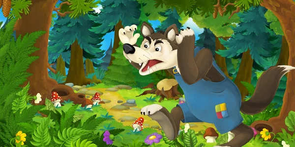 Escena de cuento de hadas de dibujos animados con lobo en el prado en el bosque - ilustración para niños —  Fotos de Stock