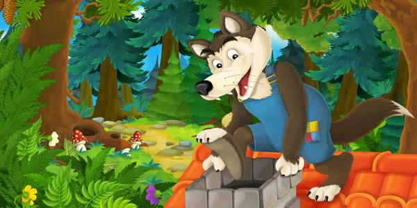 Escena de cuento de hadas de dibujos animados con lobo en el prado en el bosque - ilustración para niños —  Fotos de Stock