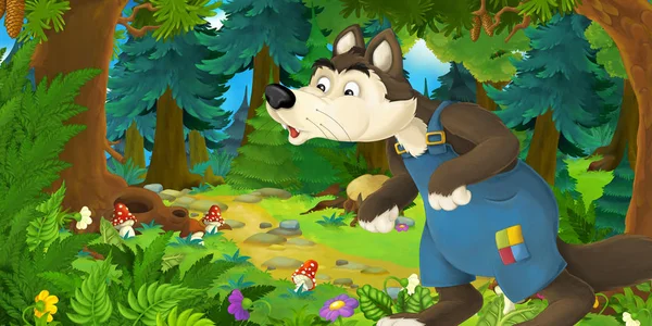 Cena de conto de fadas de desenhos animados com lobo no prado na floresta - ilustração para crianças — Fotografia de Stock